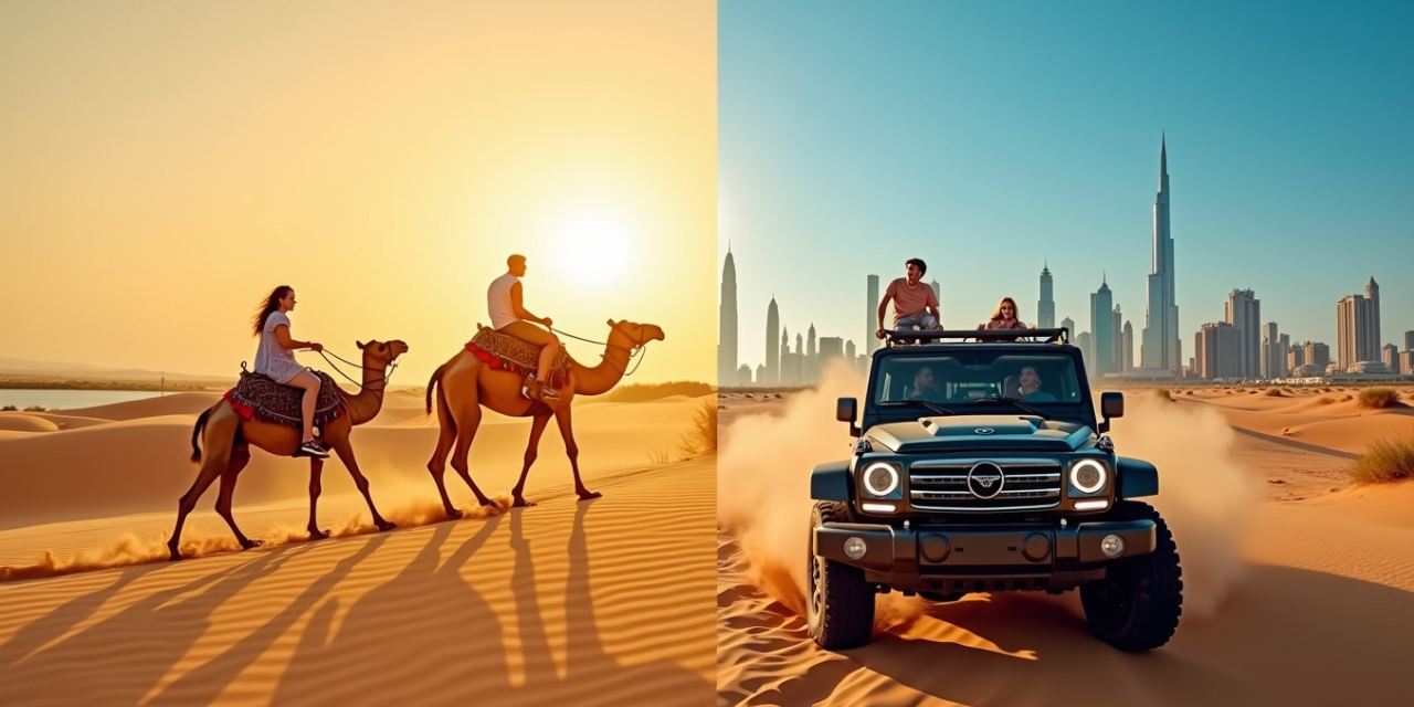 Tourists enjoying a peaceful camel ride during a desert safari experience in Dubai.