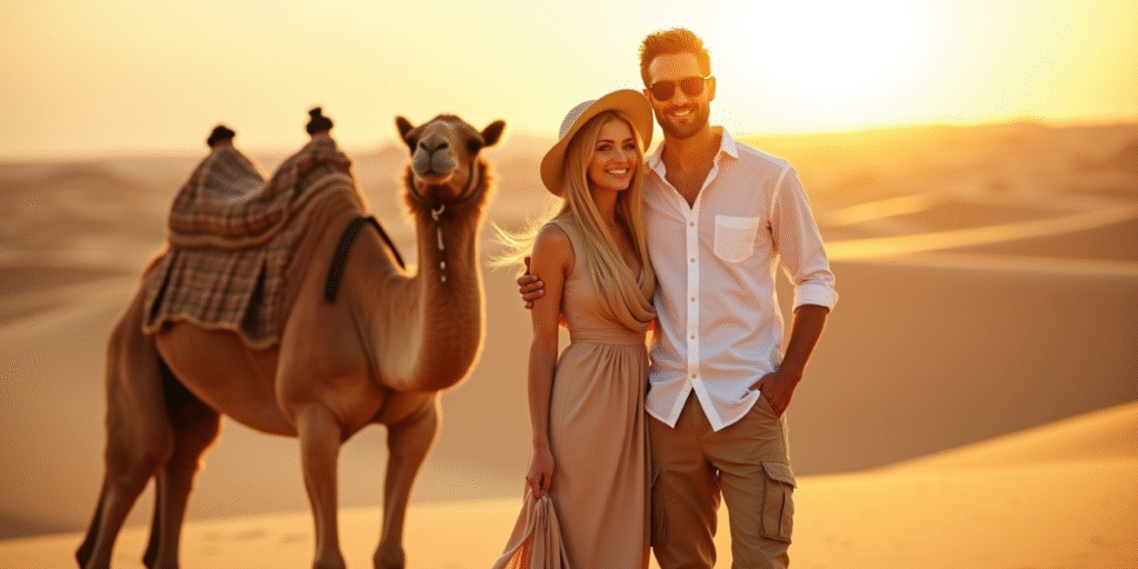 Woman wearing a modest desert safari outfit in Dubai with a scarf and hat